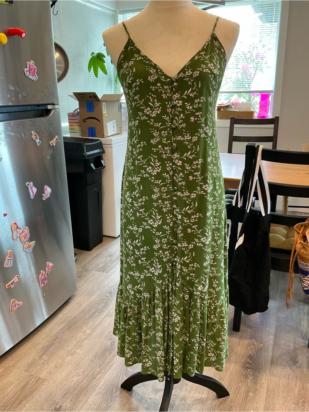 💐Lulu's Olive Green Floral Maxi Dress Small Boho Cottagecore